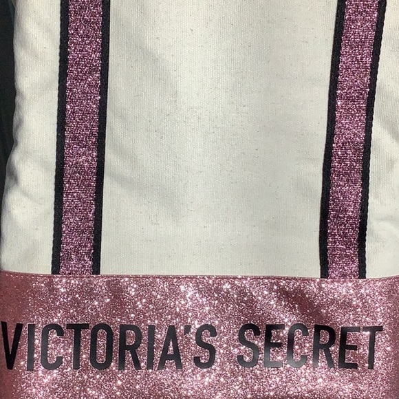 Victoria’s Secret - cream canvas pink glitter weekender bag - no shoulder strap - Picture 2 of 8